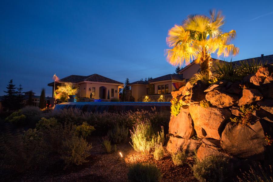 A beautiful house at night with a lit palm tree,