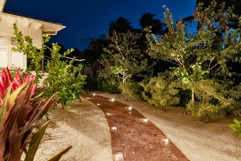 An illuminated garden path at night.